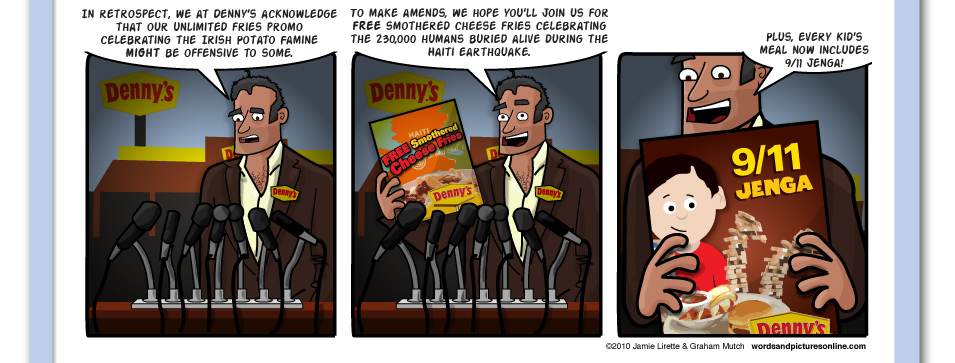 Feed Me, I’m Irish, Denny's, Haiti, Jenga